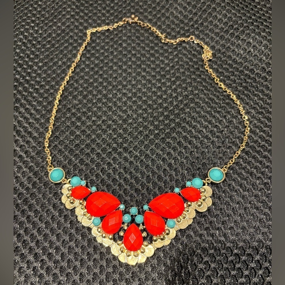 Statement Necklace - Coral & Turquoise - Gold Tone